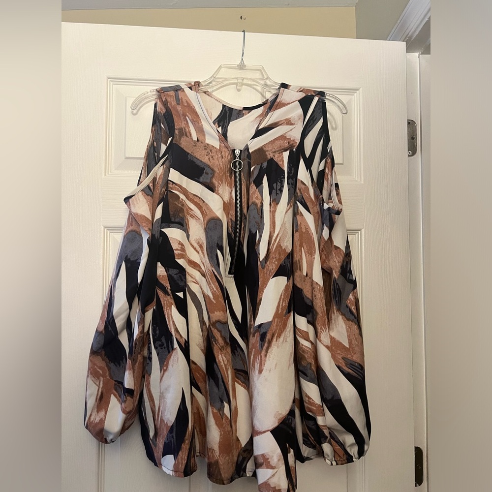 Open Shoulder Blue & Brown Blouse